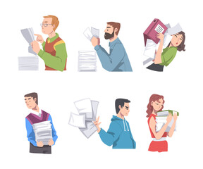 People Characters with Pile of Papers and Files as Correspondence Administration Vector Illustration Set