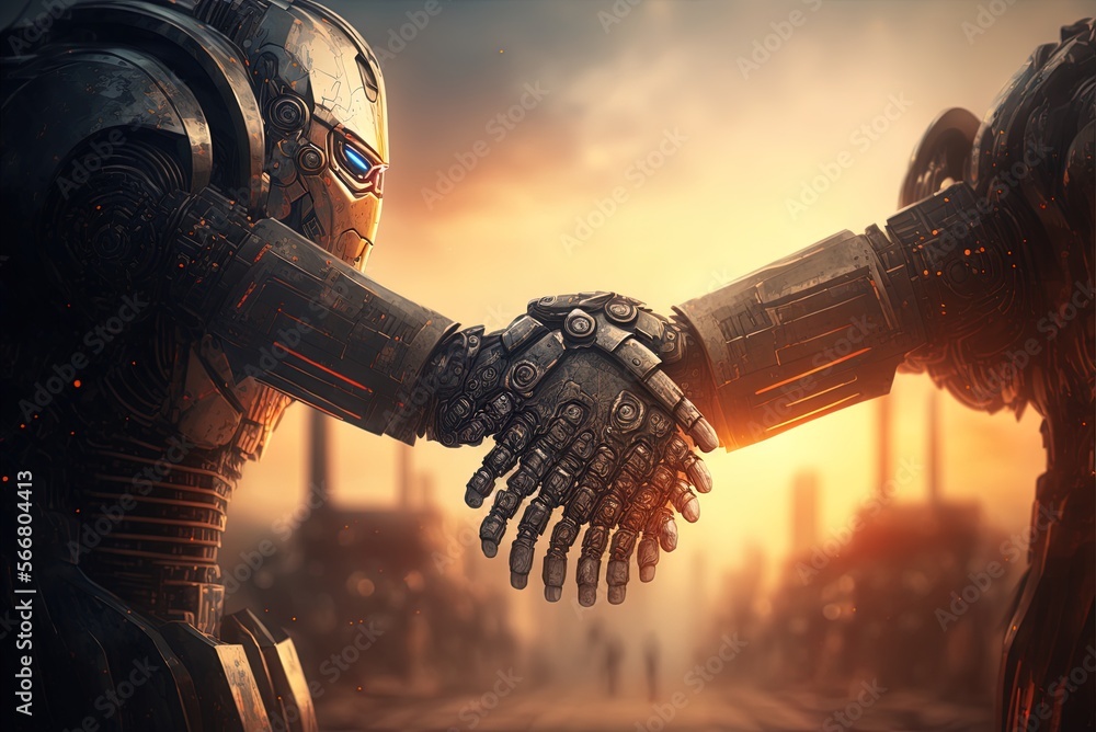 Poster background of a human handshake with a robot, digital future generative ai