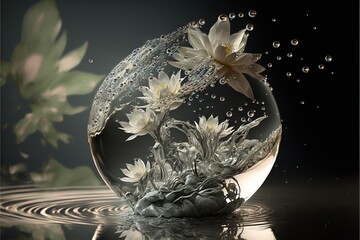  a glass vase with water and flowers inside of it on a reflective surface with a reflection of leaves and flowers in the glass vase with water droplets.  generative ai
