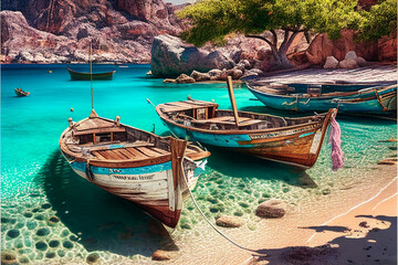 Naklejka na ściany i meble Greek beach ,clear water ,holiday beach scene generative ai