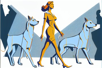 Generative AI illustration of a woman walking two dogs, Funny multitasking.