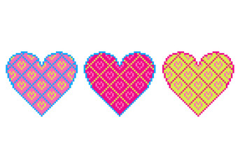 Hearts with checkered pattern and pixelated texture isolated on  white background. Pixel art style pink hearts for Valentines day, wedding card, game icon, Easter design and other. Vector illustration