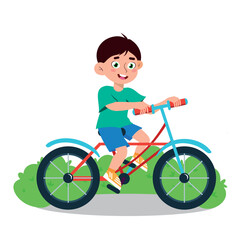 Vector illustration of a boy riding a bicycle. A cartoon scene of a smiling boy riding a bicycle on a walk isolated on a white background.