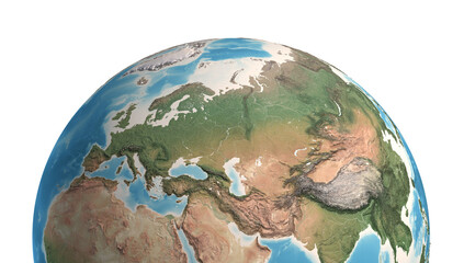 High resolution satellite view of Planet Earth, focused on Eurasia, Europe and Asia - 3D illustration, elements of this image furnished by NASA.