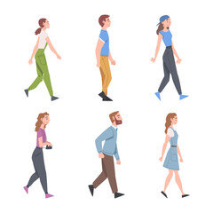 Fototapeta na wymiar People Characters Going and Walking with Different Gait Side View Vector Illustration Set