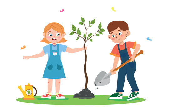 Vector illustration of children planting a tree. Cartoon scene of smiling boy and girl planting tree and with butterflies isolated on white background.
