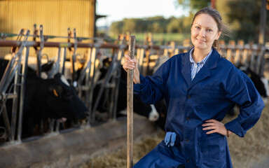 Portrait of successful young woman farmer standing in open cowshed at dairy cow farm..