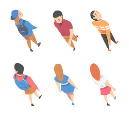 Top View on Going and Walking People Characters Vector Illustration Set