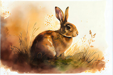 Brown Bunny Rabbit in a Fall Meadow Watercolor Generative AI