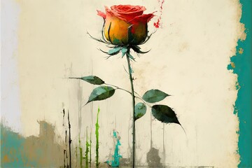  a painting of a single rose on a white background with green and red paint splattered on it's petals and leaves,.  generative ai