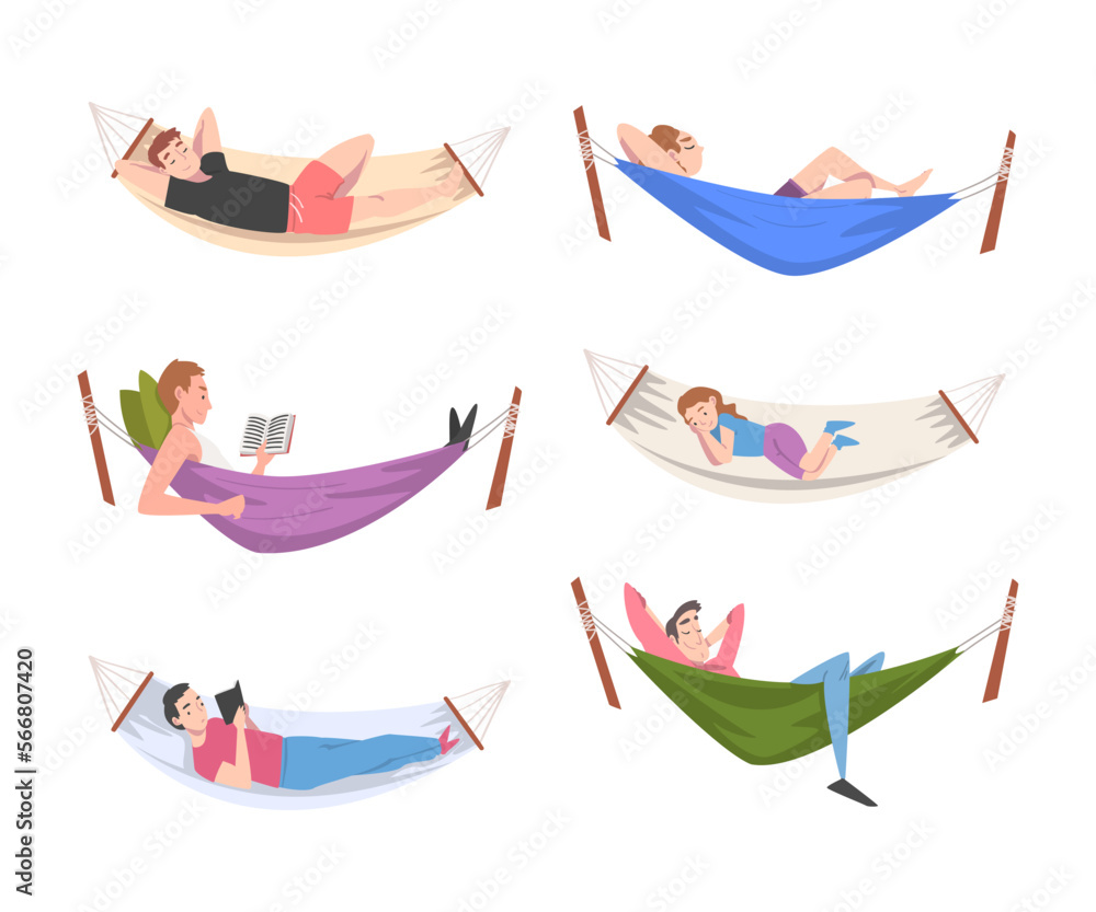 Poster people characters resting in hammock reading book and sleeping vector illustration set
