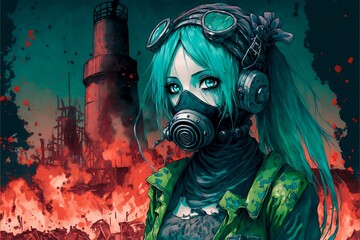 blue haired girl in gas mask, explosion in the background.