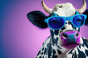 Cool Cow: A Whimsical Bovine Wearing Sunglasses on a purple Studio Background, Generative AI - obrazy, fototapety, plakaty