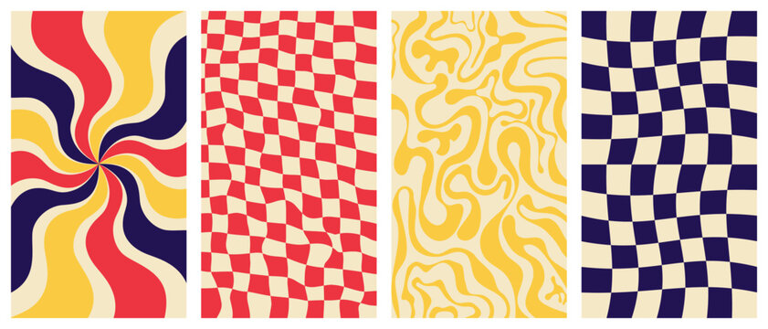 Groovy hippie 70s vector backgrounds set. Chessboard and twisted patterns. Backgrounds in trendy retro trippy style.Twisted and distorted vector texture in trendy retro psychedelic style