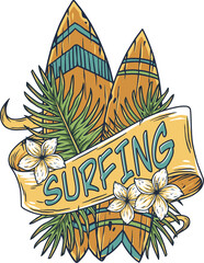 Surfing board. Trendy hawaii surf or surfboard for tiki bar. Traditional ethnic hawaiian board. Tribal summer surfer