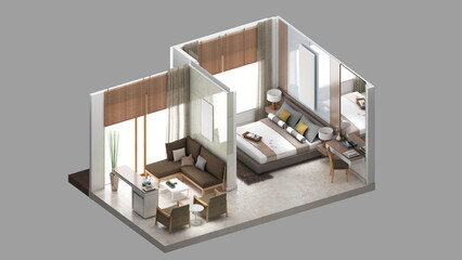 Isometric view of a master bedroom and living area,residential area, 3d rendering.