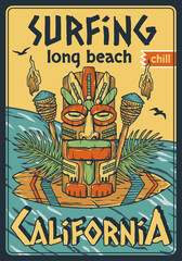 Surfing tiki mask on surf board. Summer poster with californian waves