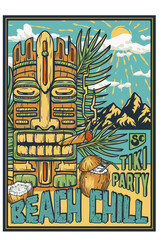 Surf chill beach poster. Tiki mask surfing party. Surfer summer vibes