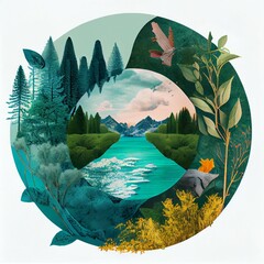 Collage style nature therapy, environmental cycles of life, forest bathing, circles of nature, outdoors fresh air refreshing calming natural woods water land sky wanderlust connect (generative AI, AI)