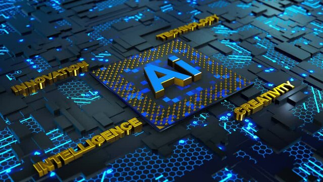Conceptual composition of the processor with the Ai logo on the printed circuit board. 3D rendering.