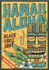 Aloha hawaii surf poster. Summer surfing tiki mask print