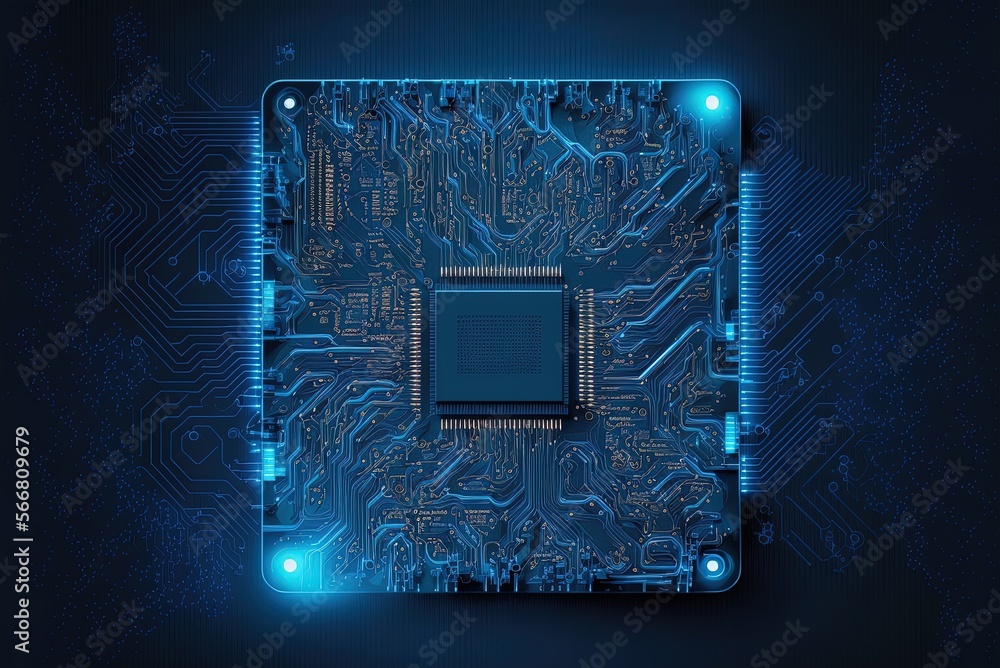 Poster motherboard technology with a blue gradient backdrop circuit generative ai