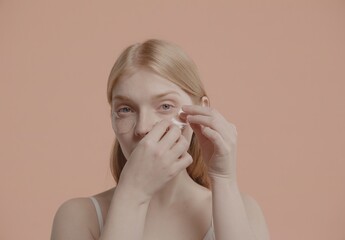 Portrait of pure natural beautiful 20s Caucasian female using eye patches against pastel colored...