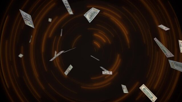 Scattered dollar bills against the backdrop of a flashing tunnel. 3d render.