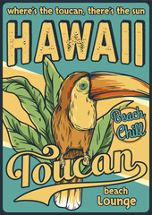 Summer tropical toucan hawaii poster. Beach chill lounge or bar. Surfing surf paradise © Casoalfonso