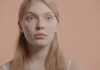 Portrait of beautiful 20s fashion model Caucasian female with no make-up posing, looking into...