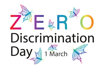 Fototapeta premium Zero Discrimination day poster with rainbow butterflies. Colorful typography and symbol of date. Horizontal background, banner template. Vector illustration