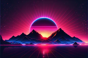Fototapeta na wymiar Synthwave Sunset with blue neon mountains