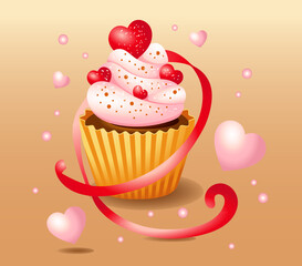Vector illustration of cream cake hearts red and pink with ribbon. Holiday design for greeting card, post, flyer, poster, party, social media. Isolated design element. 
