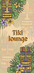 Tiki lounge. Summer surfing bar poster with tropical leaves
