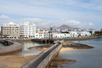 Arrecife city center view from the castle. Capital of Lanzarote, Canary Islands. Cityscape of Arrecife on sunny day horizontal landscape background.