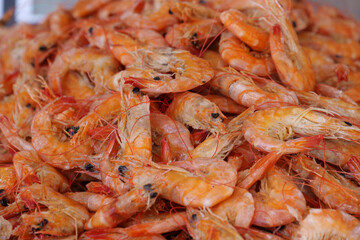 Close up of fried prawns or shrimp for sale at a stall at Mercado Ver o Peso, Belem, State of Para, Amazon region, Brazil, South America