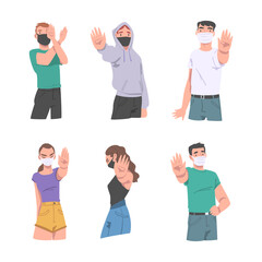 Fototapeta premium Man and Woman Wearing Medical Face Mask Showing Stop Virus Sign with Their Hands Vector Set