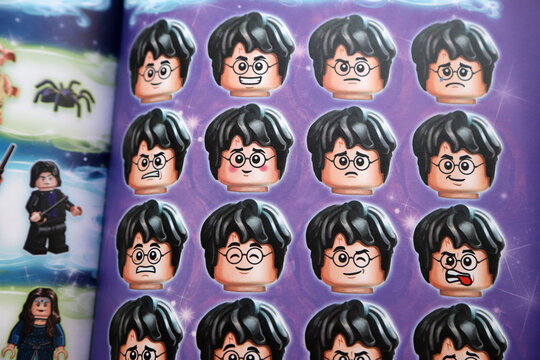 Book of Harry Potter with Lego characters. Toy. Doll. Book illustrated with their version of Lego dolls. Face with different expressions. Lego heads. Texture. Pattern. Different feelings.