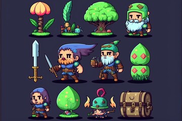 Illustration of indie game assets - 8 bit /16 bit pixel art  - Created with Generative AI Technology