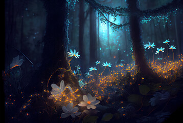 Fantasy forest at night, magic glowing flowers in fairytale wood, generative AI.