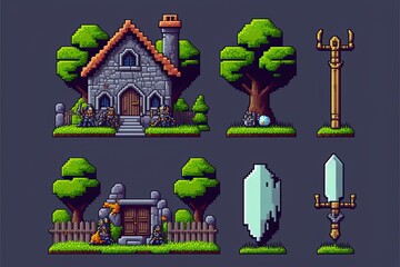 Illustration of indie game assets - 8 bit /16 bit pixel art lookalike - Created with Generative AI Technology