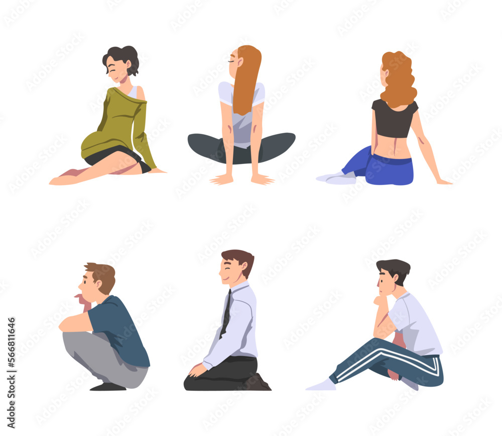 Poster people characters sitting on the floor in different pose vector set