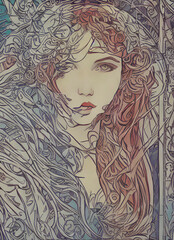 portrait of a fictional woman in art nouveau style, Generative AI