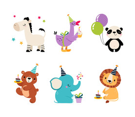 Cute Animal Characters Celebrating Birthday Holiday with Cake, Gift and Balloons Vector Set