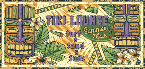 Tiki lounge. Summer surfing bar poster with tropical leaves