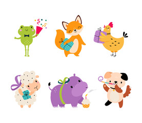 Cute Animal Characters Celebrating Birthday Holiday with Whistle and Gift Box Vector Set