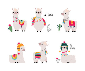 Pretty Wolly Llama or Alpaca Wearing Knitted Hat and Blanket in Different Pose Vector Set