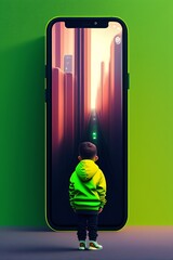 Child Looking At the Screen of Giant Smartphone - Screen Time Management - Technology Addiction - AI Generated Art