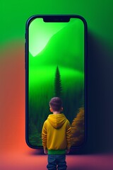 Child Looking at the Screen of Giant Smartphone with Pine Forest Nature Landscape image - Screen Time Management - Technology Addiction - AI Generated Art