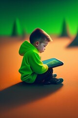 Child Sitting With Tablet PC or Smartphone in a Green Hoodie - Watching Media - Parental Control - Loneliness and Disorder - Screen Time Management - Technology Addiction - AI Generated Art